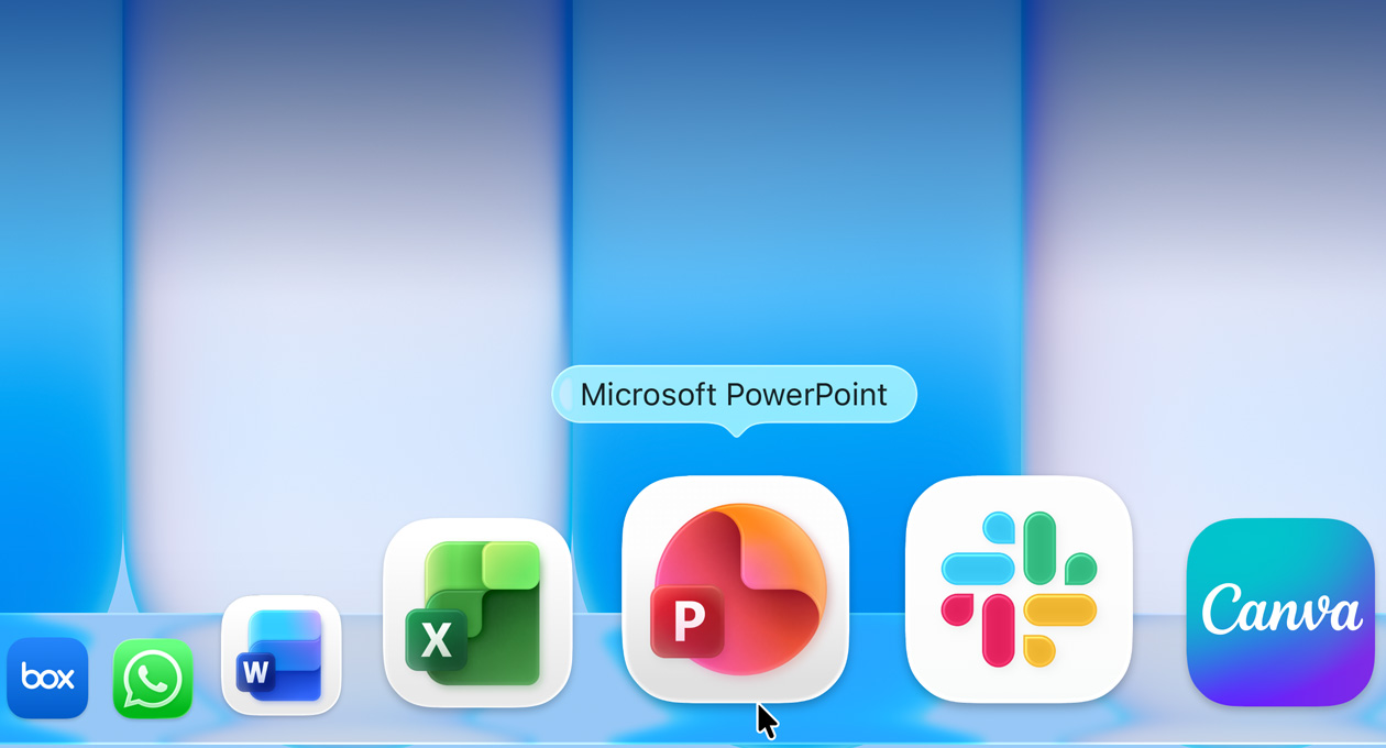 macOS desktop showing Dock with various apps, Microsoft PowerPoint app highlighted