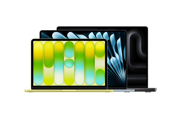 三款 MacBook 產品：上蓋打開的青橘黃色 13 吋 MacBook Neo，展示 Liquid Retina 顯示器、突起的圓形腳座。上蓋打開的天藍色 15 吋 MacBook Air，展示突起的圓形腳座。上蓋打開的太空黑色 16 吋 MacBook Pro，展示突起的圓形腳座