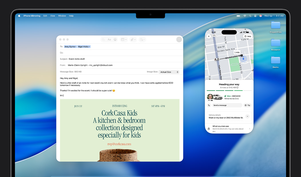 MacBook Pro, Mail app open, iPhone screen mirrored on MacBook Pro screen shows Uber Eats arriving