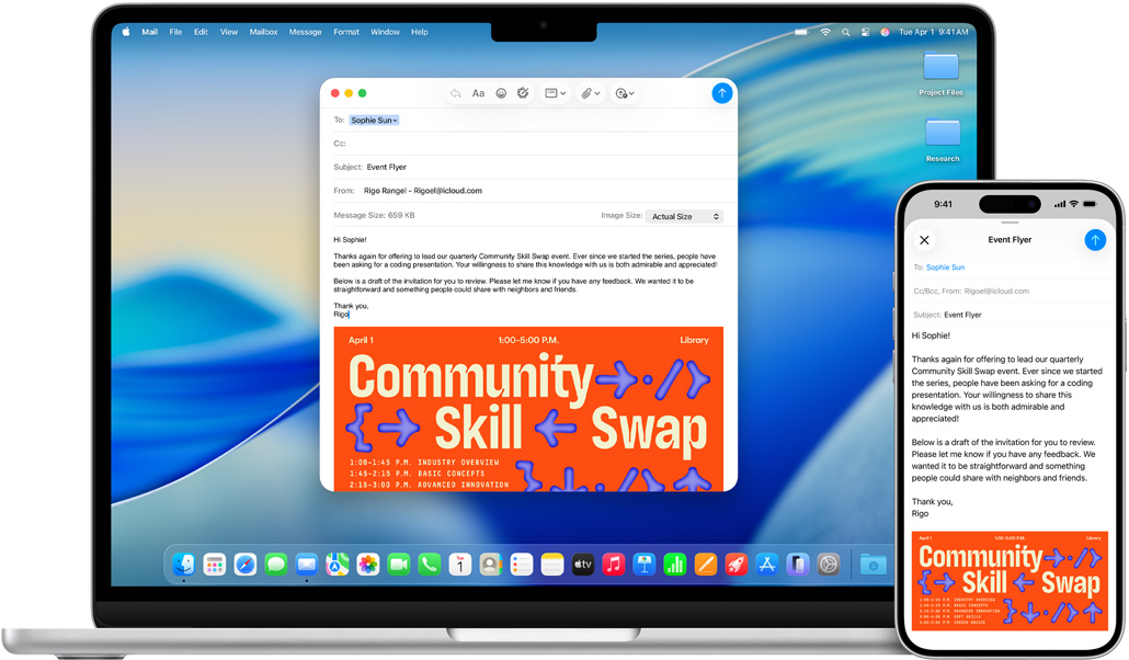 iPhone 16 Plus와 MacBook Air 13에 Mail 앱이 열려 있고, 두 기기의 화면에 동일한 이메일 초안이 표시된 모습