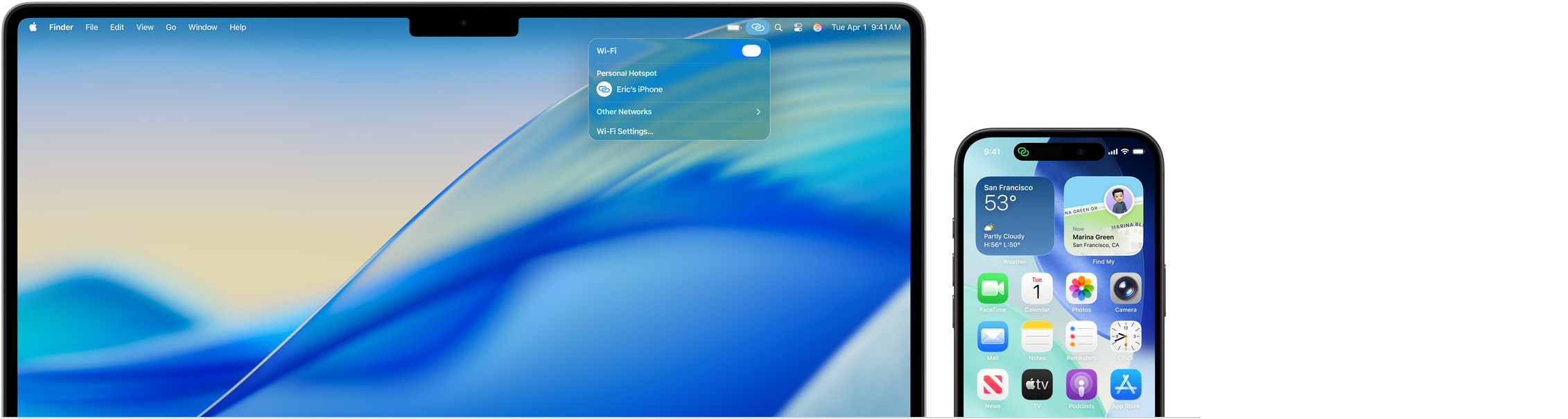 14-inch MacBook Pro, Control Centre in menu bar open, Personal Hotspot connection reads: Eric’s iPhone, iPhone 16 with green Personal Hotspot indicator in top left of screen