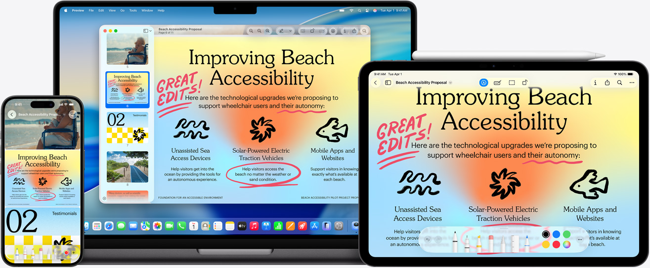 여러 Apple 기기에 동일한 이미지가 표시되어 있고, iPad에서 Apple Pencil로 이미지에 마크업을 추가하자 다른 기기에도 해당 마크업이 반영되는 모습