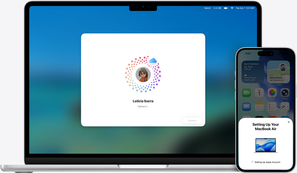 MacBook Air de 13 polegadas e iPhone 16 Plus, o macOS sendo instalado no MacBook e a tela do iPhone mostrando instruções de configuração