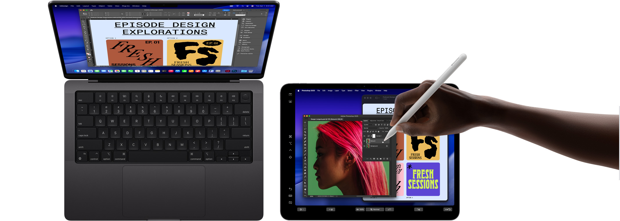 MacBook Pro 14 그리고 MacBook의 확장된 디스플레이로 사용 중인 iPad Pro 13의 모습. 한 손이 Apple Pencil Pro를 사용해 iPad 화면의 이미지를 조작하고 있습니다.