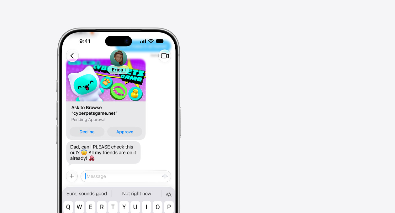 iPhone 17 Pro prateado mostrando os dois terços superiores da tela. A tela mostra uma mensagem de texto com uma captura de tela do site cyberpetsgame.net, os botões Recusar e Aprovar abaixo da imagem e a mensagem: "Pai, posso acessar isso? Todos os meus amigos já estão usando"