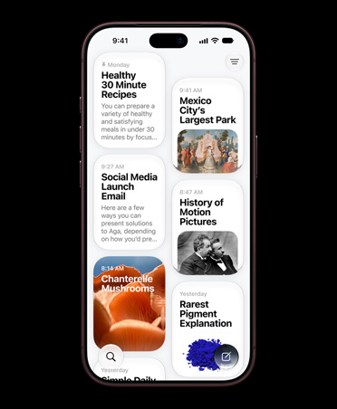 バーガンディのiPhone 18 Proの画面。Siriアプリに、30分で作れるヘルシーなレシピ、メキシコシティで最大の公園、ソーシャルメディア立ち上げに関するメール、映画史、アンズタケ、希少な顔料についての説明に関するSiri AIの会話が表示されている