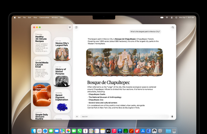 スペースブラックの14インチMacBook Proの画面。SiriアプリにSiri AIで進行中の会話が表示され、サイドバーに過去の会話が表示されている