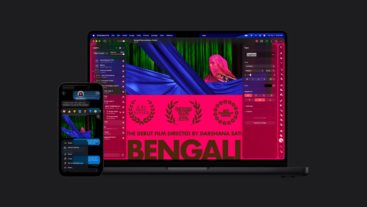 iPhone 16 screen showing photo of woman with pink veil in the Messages app, emoji reactions, image options, MacBook Pro 14 screen showing photo of woman in pink veil, movie poster, editing tools on left and right sides