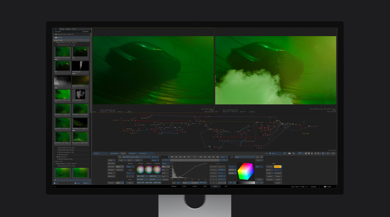 Side-by-side images of a car in a visual effects program, the image on the right includes an added cloud of exhaust