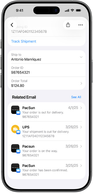 iPhone screen showing multiple orders from different online stores with updated statuses like “delivered” and “on the way” within the Apple Wallet app