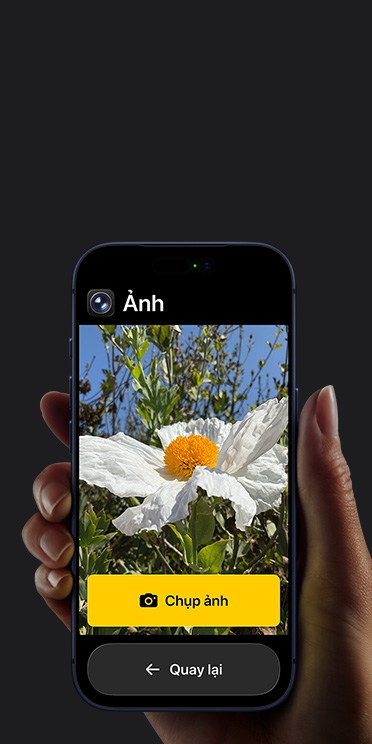 Màn hình iPhone 17 Pro hiển thị giao diện ứng dụng Camera giản lược với bông hoa trắng trong khung hình, nút “Chụp ảnh” và nút “Quay lại” bên dưới