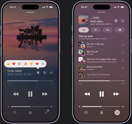 iPhone ở bên trái hiển thị bài hát Don't Do Me Good của Madi Diaz và Kacey Musgraves đang được phát trên màn hình, với tùy chọn biểu cảm bằng biểu tượng cảm xúc hiển thị các lựa chọn ngón tay cái hướng lên, trái tim, ăn mừng, ngón tay cái hướng xuống hoặc thêm một biểu cảm khác, iPhone ở bên phải hiển thị playlist cộng tác có tên là Danh Sách Nhạc Nghe Trên Xe với các bài hát được thêm bởi những người cộng tác khác