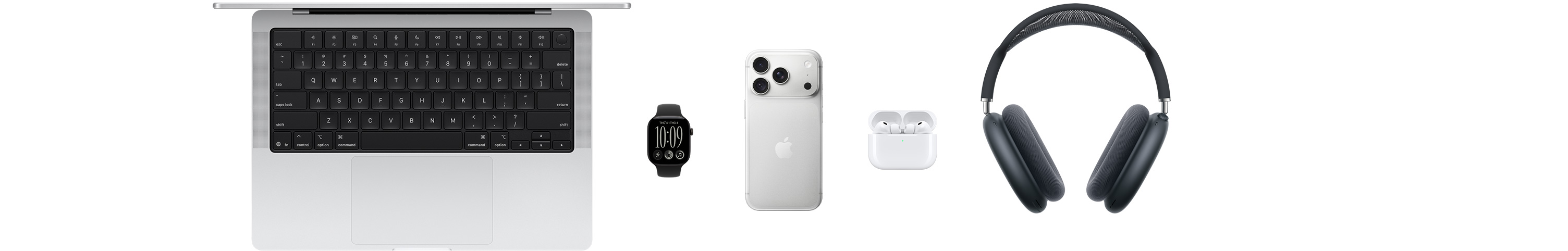 Various Apple products, including a MacBook, an Apple Watch Series 11, an iPhone 17 Pro, AirPods Pro 3, AirPods Max, Apple Vision Pro, an Apple Pencil Pro, and an iPad Pro