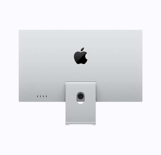 Apple Studio Display với chân đế có thể điều chỉnh độ nghiêng, màu bạc, vỏ ngoài mặt sau, logo Apple màu đen trơn bóng ở giữa