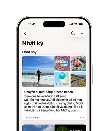 Journal app open to daily journal entry, pictures of a beach day and text about dreams on iPhone