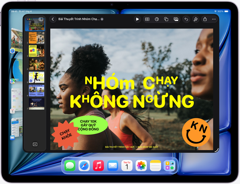 iPad Air nằm ngang, màn hình hiển thị bài thuyết trình Keynote