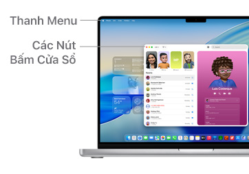 Hướng dẫn điều hướng trên macOS trên MacBook Pro 14" với các đường thể hiện vị trí của Thanh Menu và Các Nút Bấm Cửa Sổ.